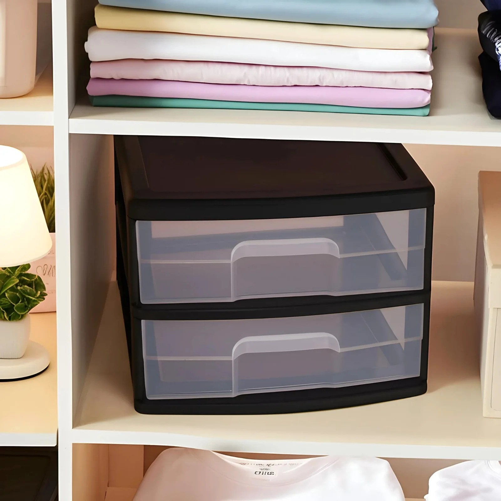 A HOMZ 2-drawer cart with a black frame and clear drawers on a white shelf below folded linens.