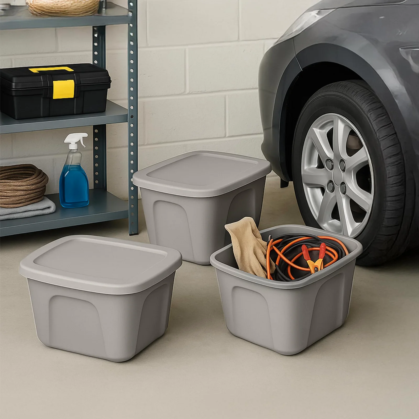 HOMZ molded bins on a garage floor beside the car, one open with cables inside